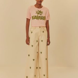 Calça Sarja Bordado Miçangas Coqueiros