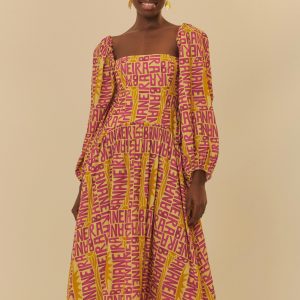 Vestido Pregas Estampado Bananeira Tipográfica