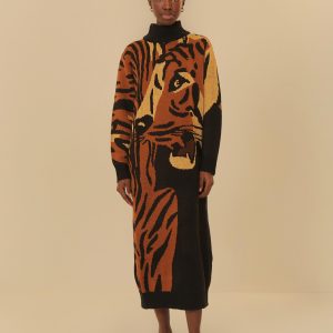 Vestido Tricot Estampado Tigre Da Noite