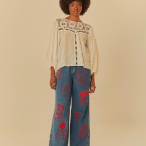 Calça Jeans Bordada Cós Ajustável