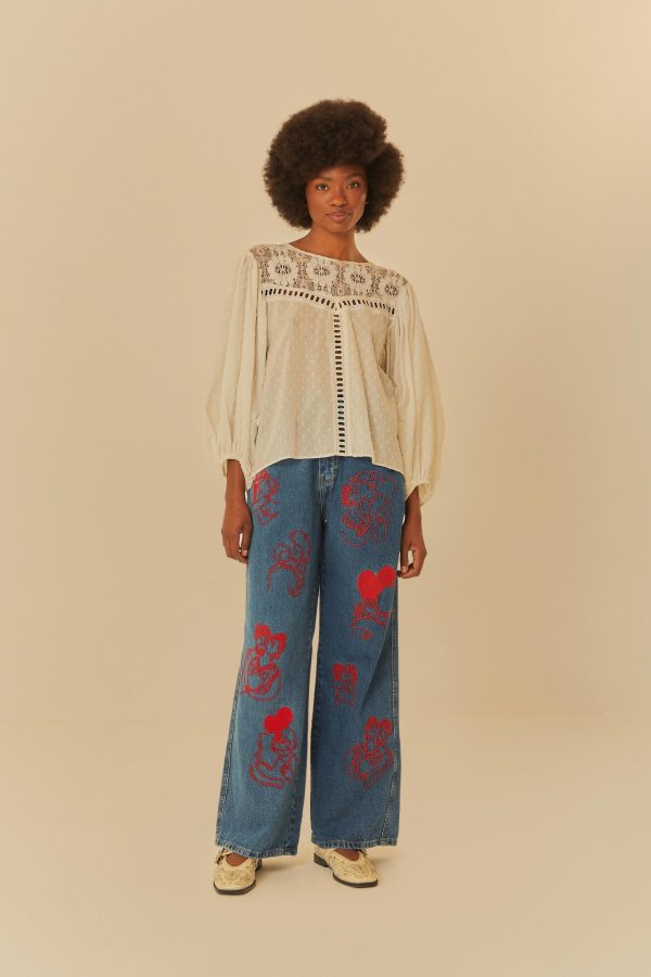 Calça Jeans Bordada Cós Ajustável
