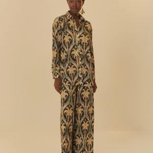 Calça Plissada Estampada Camafeu Tropical