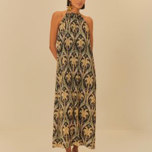 Vestido Plissado Estampado Camafeu Tropical