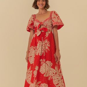 Vestido Longo Manga Estampado Folha De Renda
