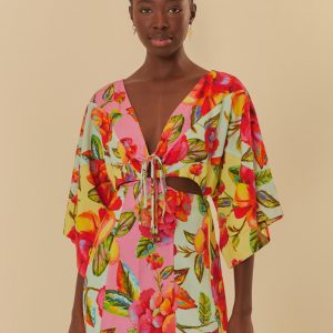 Vestido Curto Patch Estampado Flor Céu