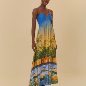 Vestido Midi Estampado Paisagem Ribeirinha