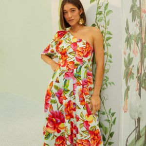 Vestido Cropped Ombro Só Estampado Flor Céu