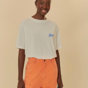 Short Sarja Bainha Dobrada Laranja Neon
